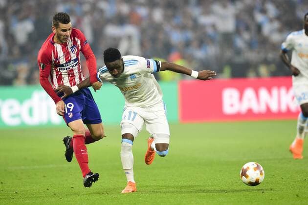 Fußball, EL, Finale, Olympique Marseille - Atletico Madrid SARR Bouna (OM) vs Lucas Hernandez (Atletico) FOOTBALL : Finale Europa League - Olympique de Marseille vs Atletico Madrid - Lyon - 16 05 2018 JBAutissier Panoramic 