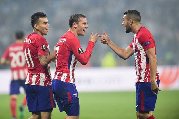 Fußball, EL, Finale, Olympique Marseille - Atletico Madrid joie des joueurs de l Atletico Madrid apres le second but de Antoine Griezmann (Atletico) FOOTBALL : Finale Europa League - Olympique de Marseille vs Atletico Madrid - Lyon - 16 05 2018 JBAutissier Panoramic 