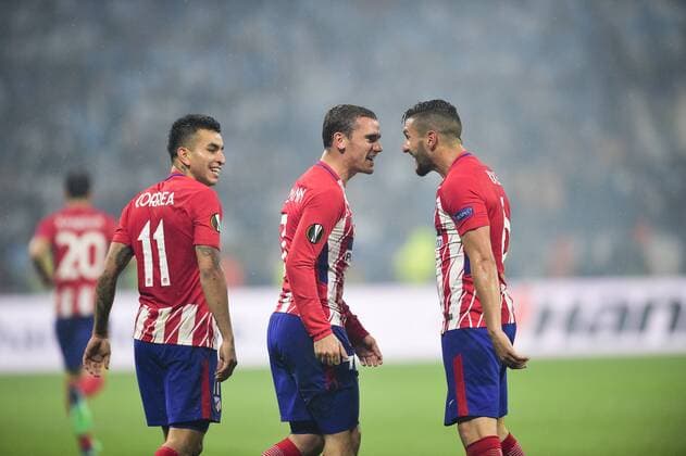 Fußball, EL, Finale, Olympique Marseille - Atletico Madrid joie des joueurs de l Atletico Madrid apres le second but de Antoine Griezmann (Atletico) FOOTBALL : Finale Europa League - Olympique de Marseille vs Atletico Madrid - Lyon - 16 05 2018 JBAutissier Panoramic 