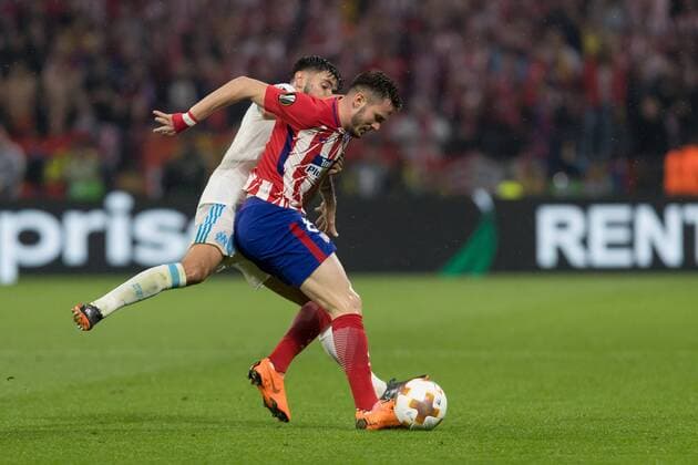 Lyon France 16 05 2018 UEFA Europa League 2017 18 Season Final Olympique Marseille Atlético Madrid Morgan Sanson Marseille and Saul Niguez Atlético Madrid defeated DeFodi048