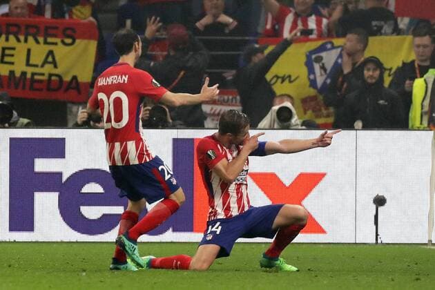Olympique de Marseille v Atletico Madrid UEFA Europa League Fina Gabi of Atletico Madrid celebrates scoring his side?s 3rd goal during the UEFA Europa League Final match at Stade de Lyons, Lyons Content Not Available For UK Newspapers Copyright: xPaulxChestertonx FIL-11807-0201