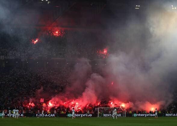 16th May 2018, Stade de Lyon, Lyon, France; Europa League football final, Marseille versus Atletico Madrid; Flares being lit by the Marseille fans during the 2nd half  ActionPlus12026042