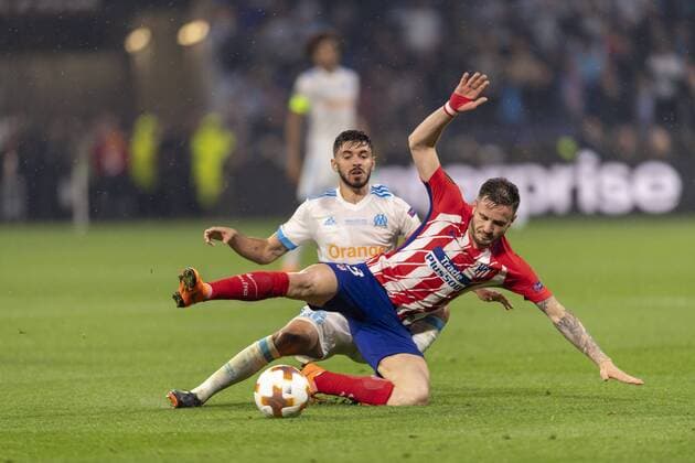 Morgan Sanson of Olympique de Marseille and Saul Niguez Esclapez of Atletico de Madrid during the Uefa Europa League Final ,match between Olympique de Marseille 0-3 Atletico de Madrid at Stade de Lyon on May 16, 2018 in Lyon , Italy. Noxthirdxpartyxsales  (78298303)