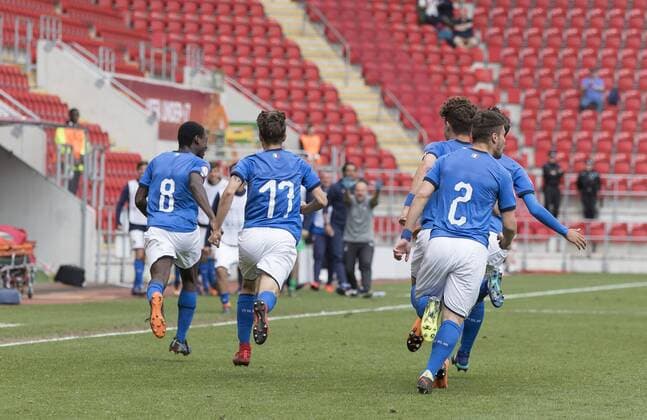 Emmanuel Gyabuaa of Italy scores the opening goal and celebrates with team mates during the UEFA European U17 U 17 Championship Semi Final match at the New York Stadium, Rotherham. Picture date 17th May 2018. Picture credit should read: James Wilson Sportimage EDITORIAL USE ONLY. No use with unauthorised audio, video, data, fixture lists, club league logos or live services. Online in-match use limited to 120 images, no video emulation. No use in betting, games or single club league player publications.