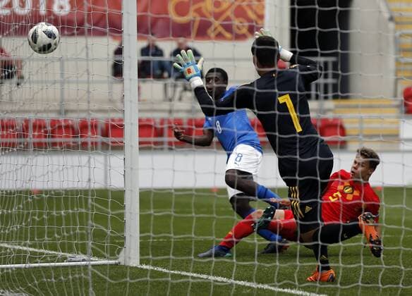 Italy v Belgium UEFA EURO EM Europameisterschaft Fussball U17 U 17 Championship Semi-Final Manu Emmanuel Gyabuaa (8) of Italy scoring the opening goal during the UEFA Euro U17 Championship Semi-Final match at the New York Stadium, Rotherham Content Not Available For UK Newspapers Copyright: xSimonxMoorex FIL-11810-0004