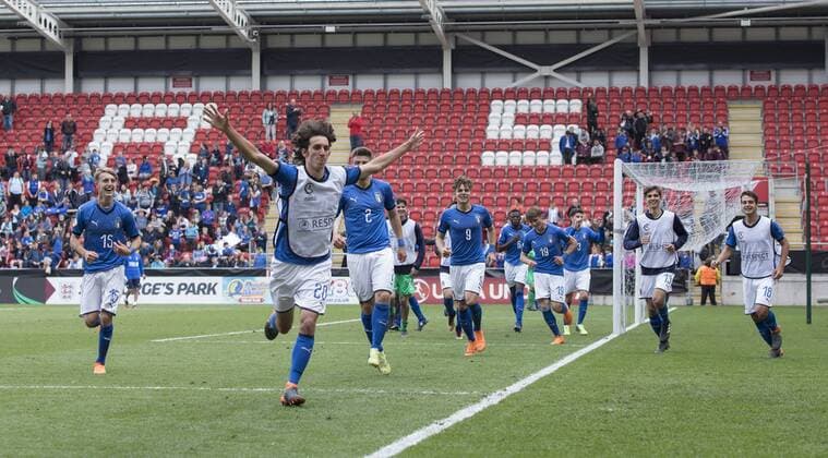 Alessandro Cortinovis of Italy leads the players in celebration after beating Belgium in the UEFA European U17 U 17 Championship Semi Final match at the New York Stadium, Rotherham. Picture date 17th May 2018. Picture credit should read: James Wilson Sportimage EDITORIAL USE ONLY. No use with unauthorised audio, video, data, fixture lists, club league logos or live services. Online in-match use limited to 120 images, no video emulation. No use in betting, games or single club league player publications.