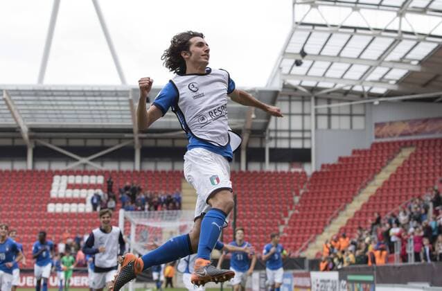 Alessandro Cortinovis of Italy leads the players in celebration after beating Belgium in the UEFA European U17 U 17 Championship Semi Final match at the New York Stadium, Rotherham. Picture date 17th May 2018. Picture credit should read: James Wilson Sportimage EDITORIAL USE ONLY. No use with unauthorised audio, video, data, fixture lists, club league logos or live services. Online in-match use limited to 120 images, no video emulation. No use in betting, games or single club league player publications.