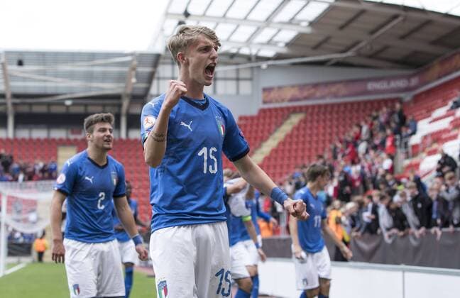 NicolÃ² Rovella of Italy celebrates after beating Belgium in the UEFA European U17 U 17 Championship Semi Final match at the New York Stadium, Rotherham. Picture date 17th May 2018. Picture credit should read: James Wilson Sportimage EDITORIAL USE ONLY. No use with unauthorised audio, video, data, fixture lists, club league logos or live services. Online in-match use limited to 120 images, no video emulation. No use in betting, games or single club league player publications.