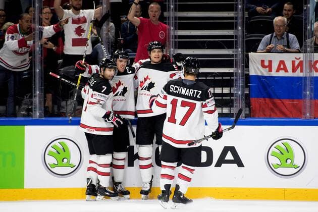 180517 Canadas Colton Parayko cheers with teammates after 0 1 during the quarterfinals of the ice hockey World Cup between Russia and Canada on May 17, 2018 in Copenhagen  Copyright: PETTERxARVIDSON BB180517PA004