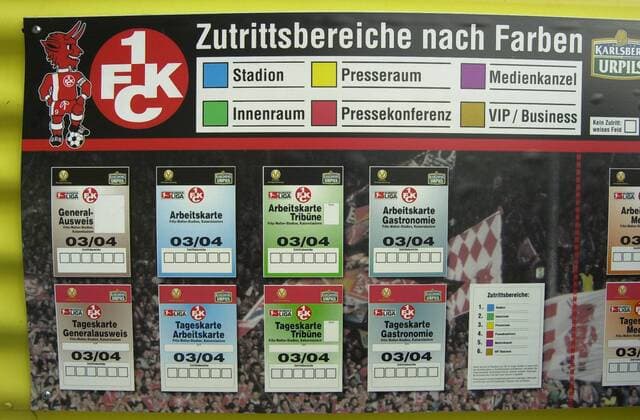 In the Betzenberg Stadium in Kaiserslautern samples of work cards are hanging on Tuesday 3 2 2004 Kaiserslauterns Betzenberg will host the 2006 FIFA World Cup Germany and is the home of 1 FC Kaiserslautern in the Bundesliga