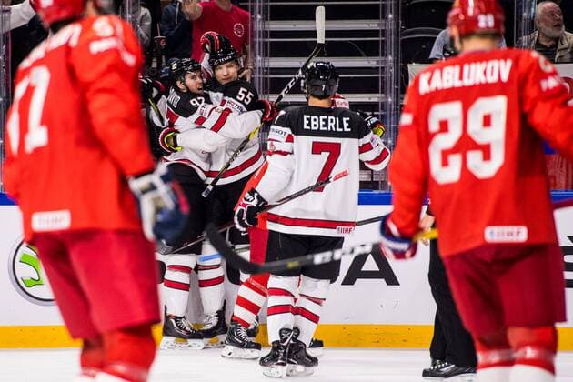 180517 Canadas Connor McDavid and Colton Parayko cheer for 0 1 painted during the quarterfinals of the ice hockey World Cup between Russia and Canada on May 17, 2018 in Copenhagen  Copyright: PETTERxARVIDSON BB180517PA011