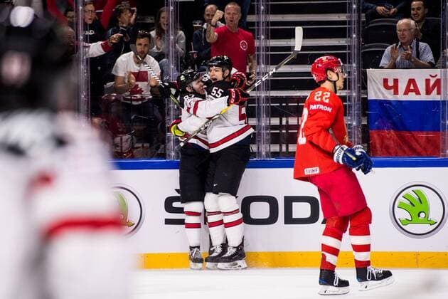 180517 Canadas Connor McDavid and Colton Parayko cheer for 0 1 painted during the quarterfinals of the ice hockey World Cup between Russia and Canada on May 17, 2018 in Copenhagen  Copyright: PETTERxARVIDSON BB180517PA013