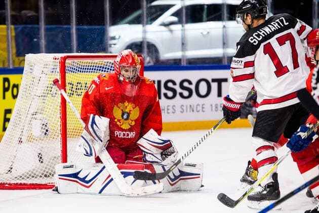 180517 Canadas Jaden Schwartz oroar vid Russias Marshal Igor Shestyorkin during the quarterfinals of the ice hockey World Cup between Russia and Canada on May 17, 2018 in Copenhagen  Copyright: PETTERxARVIDSON BB180517PA015