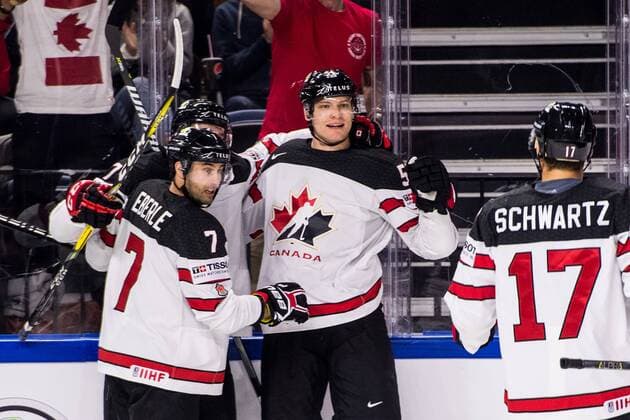 180517 Canadian Colton Parayko m cheers with teammates after 0 1 painted during the quarterfinals of the ice hockey World Cup between Russia and Canada on May 17, 2018 in Copenhagen  Copyright: PETTERxARVIDSON BB180517PA021