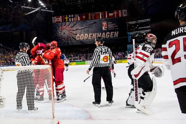 180517 Russian players cheer for 1 2 painted by Ilya Mikheyev and Canadas malfunction Darcy Kuemper th break during the quarterfinals of the ice hockey World Cup between Russia and Canada on May 17, 2018 in Copenhagen  Copyright: PETTERxARVIDSON BB180517PA043