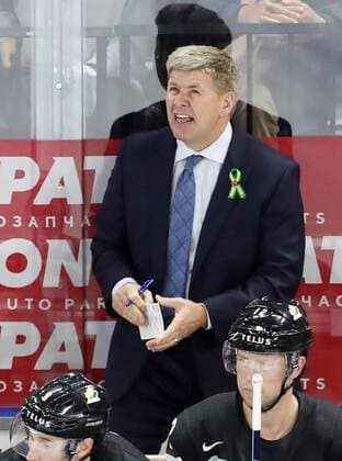 COPENHAGEN, DENMARK - MAY 17, 2018: Head coach Bill Peters (back) of the Canadian team seen during the 2018 IIHF Ice hockey Eishockey World Championship WM Weltmeisterschaft Quarterfinal match against Russia at Royal Arena. Canada won the game 5-4 in overtime. Anton Novoderezhkin TASS  TS07FE79