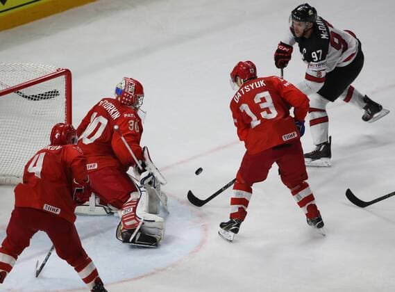 Ice hockey Eishockey - IIHF WC, RUS vs CAN COPENHAGEN,DENMARK,17.MAY.18 - ICE HOCKEY - IIHF World Championships, quarterfinal, Russia vs Canada. Image shows Vladislav Gavrikov, Igor Shestyorkin, Pavel Datsyuk (RUS) and Connor Mcdavid (CAN). GEPAxpictures xAndreasxPranter