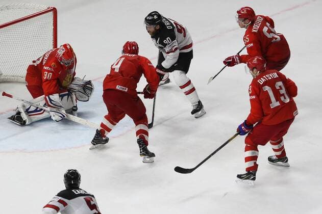 Ice hockey Eishockey - IIHF WC, RUS vs CAN COPENHAGEN,DENMARK,17.MAY.18 - ICE HOCKEY - IIHF World Championships, quarterfinal, Russia vs Canada. Image shows Igor Shestyorkin, Vladislav Gavrikov (RUS), Reilly o Ryan (CAN), Bogdan Kiselevich and Pavel Datsyuk (RUS). GEPAxpictures xAndreasxPranter