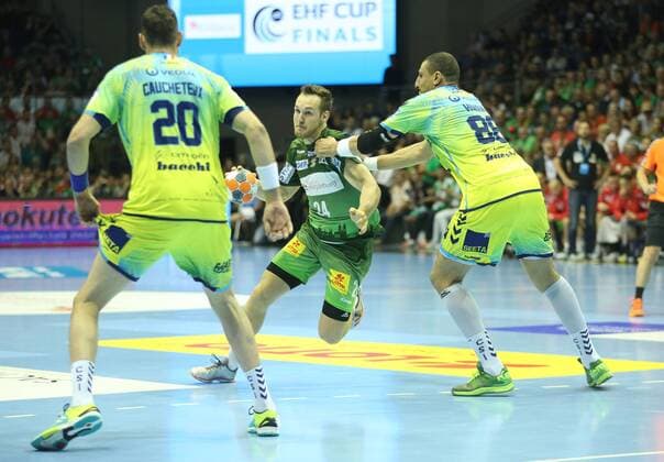 19 05 2018 xcsx Handball EHF Cup Final 4 SC Magdeburg Saint Raphael Var emporer Marko Bezjak SC Magdeburg Wissem Hmam Saint Raphael Battle of the Ball Magdeburg