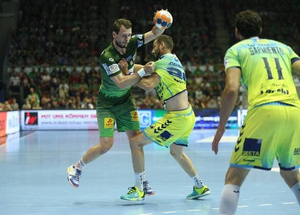 19 05 2018 xcsx Handball EHF Cup Final 4 SC Magdeburg Saint Raphael Var emspor v l Mads Christiansen SC Magdeburg Battle for the ball battle with Raphael Caucheteux Saint Raphael Magdeburg