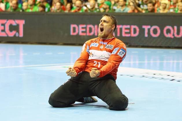 Saint Raphaël Var vs SC Magdeburg Dario Quenstedt Magdeburg 21 Cheering over a held ball kept away Goalkeeper Saint Raphaël Var vs SC Magdeburg Handball Ottostadt Magdeburg EHF Cup Finals 2018 Season 2017 2018 19 05 2018 Magdeburg Copyright: xTaeger xEibner-Pressefotox EP_tae