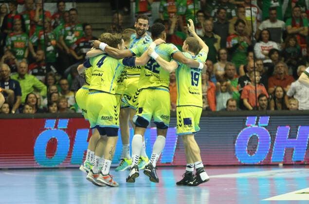 19 05 2018 xcsx Handball EHF Cup Final 4 SC Magdeburg Saint Raphael Var emspor v l Player Saiont Raphael cheer for victory in the first semi-final of Magdeburg
