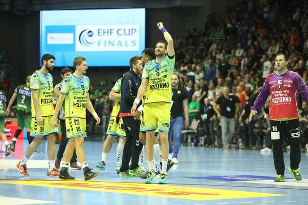 19 05 2018 xcsx Handball EHF Cup Final 4 SC Magdeburg Saint Raphael Var emspor v Raphael Caucheteux Saint Raphael celebrates dancing reaching the final Magdeburg