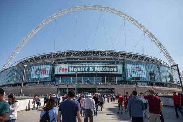 General view of Wembley Stadium displaying a sign that reads For Harry and Meghan as supporters arrive ahead of the Emirates FA Cup Final match between Chelsea and Manchester United ManU at Wembley Stadium, London, England on 19 May 2018. Copyright: xDavidxHornx PMI-2039-0002