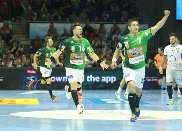 19 05 2018 xcsx Handball EHF Cup Final 4 Fresh on Goeppingen Fuechse Berlin emspor v l Jacob Bagersted Fresh Magdeburg is celebrating at Göppingen
