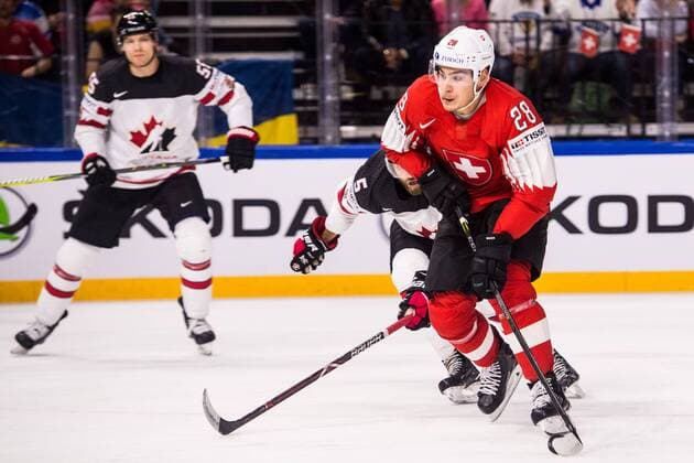 180519 Switzerland Timo Meier during the semi-final of the ice hockey World Cup between Canada and Switzerland on May 19, 2018 in Copenhagen  Copyright: PETTERxARVIDSON BB180519PA127