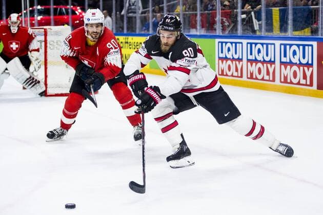 180519 Switzerland Joel Roman and Canada Ryan O Reilly during the semi-final of the ice hockey World Cup between Canada and Switzerland on May 19, 2018 in Copenhagen  Copyright: LUDVIGxTHUNMAN BB180519LT118