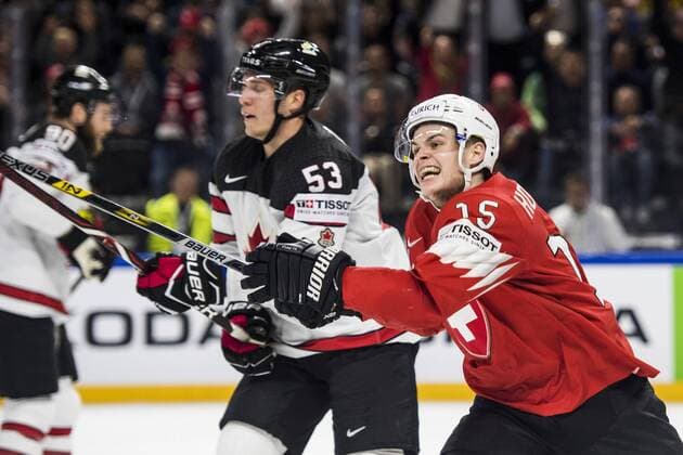 180519 Switzerland Switzerland Gregory Hofman cheers for 1 2 during the semi-finals of the ice hockey World Cup between Canada and Switzerland on May 19, 2018 in Copenhagen  Copyright: LUDVIGxTHUNMAN BB180519LT125