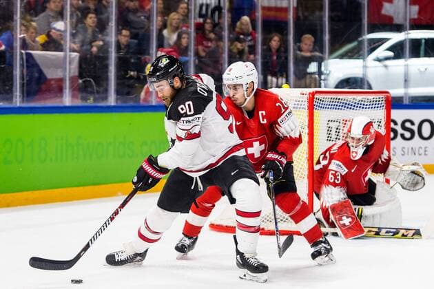 180519 Canadas Ryan O Reilly and Switzerland Raphael Diaz during the semi-finals of the ice hockey World Cup between Canada and Switzerland on May 19, 2018 in Copenhagen  Copyright: PETTERxARVIDSON BB180519PA158