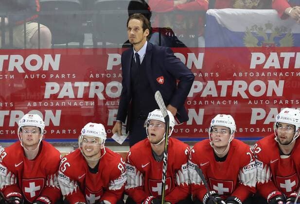 COPENHAGEN, DENMARK - MAY 19, 2018: Head coach Patrick Fischer (C back) of the Swiss team in their 2018 IIHF World Championship WM Weltmeisterschaft semi-final match against Canada at Royal Arena in Copenhagen. Anton Novoderezhkin TASS  TS080312
