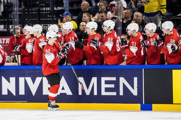 180519 Switzerland Gaetan Haas cheer for 1 3 during the semi-finals of the ice hockey World Cup between Canada and Switzerland on May 19, 2018 in Copenhagen  Copyright: PETTERxARVIDSON BB180519PA163