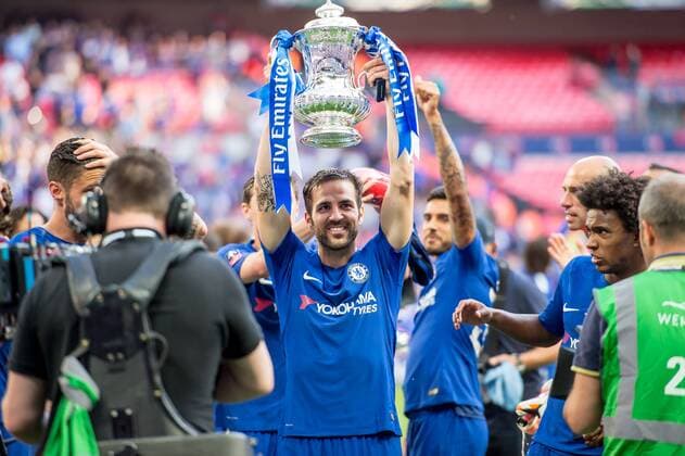 Cesc Fabregas of Chelsea raises the FA Cup Trophy during the The 2018 FA Cup Final match between Chelsea and Manchester United ManU at Wembley Stadium, London, England on 19 May 2018. Copyright: xSalvioxCalabresex 20030028