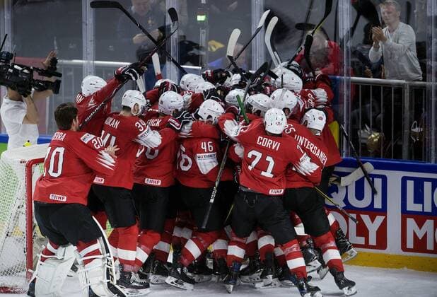 Switzerland wins the IIHF World Championship WM Weltmeisterschaft semi-final Ice hockey Eishockey match between Canada and Switzerland in Royal Arena in Copenhagen, Denmark, Saturday, May 19, 2018.. , Copenhagen Denmark  Copyright: Scanpix LiselottexSabroex COP102 spdk20180519-214445-L