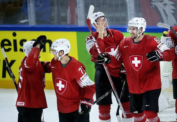Simon Moser and Michael Fora after the IIHF World Championship WM Weltmeisterschaft semi-final Ice hockey Eishockey match between Canada and Switzerland in Royal Arena in Copenhagen, Denmark, Saturday, May 19, 2018.. , Copenhagen Denmark  Copyright: Scanpix LiselottexSabroex COP102 spdk20180519-215128-L