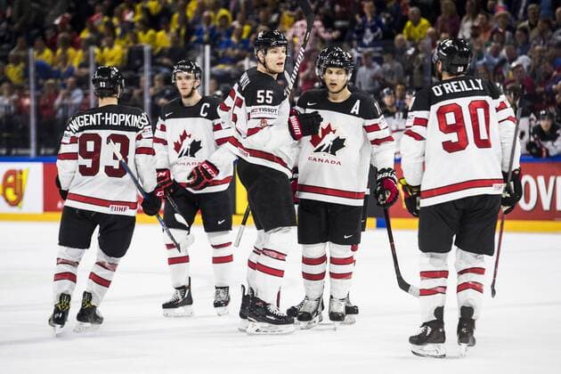 180519 Canadas Colton Parayko celebrates 2 3 in the semi-finals of the ice hockey World Cup between Canada and Switzerland on May 19, 2018 in Copenhagen  Copyright: PETTERxARVIDSON BB180519PA169
