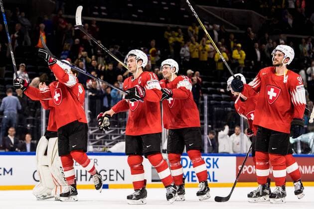 180519 Switzerland player with Raphael Diaz m thanks the audience after the semifinals of the ice hockey World Cup between Canada and Switzerland on May 19, 2018 in Copenhagen  Copyright: PETTERxARVIDSON BB180519PA182