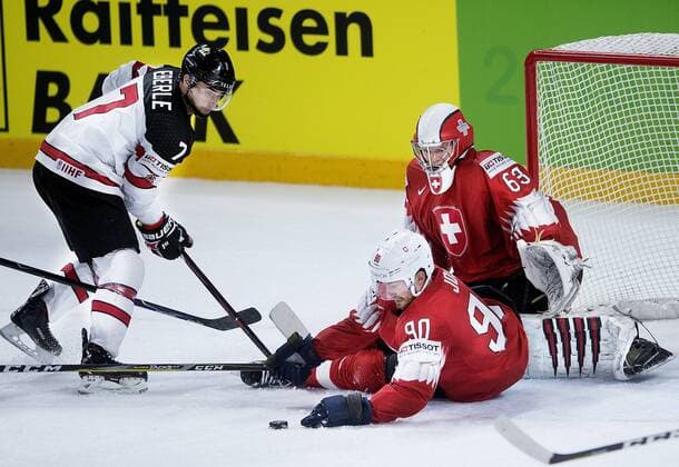 Leonardo Genoni and Roman Josi of Switzerland against of Jordan Eberle of Canada during the IIHF World Championship WM Weltmeisterschaft semi-final Ice hockey Eishockey match between Canada and Switzerland in Royal Arena in Copenhagen, Denmark, Saturday, May 19, 2018.. , Copenhagen Denmark  Copyright: Scanpix LiselottexSabroex COP102 spdk20180519-221148-L