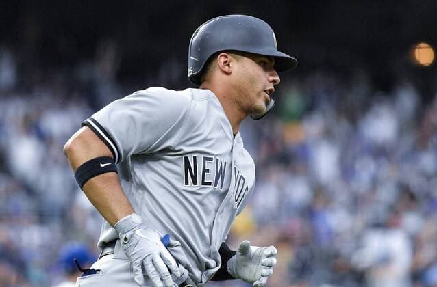 May 19, 2018 - Kansas City, MO, USA - New York Yankees Gleyber Torres rounds the bases on a three run home run in the fourth inning during Saturday s baseball game against the Kansas City Royals on May 19, 2018, at Kauffman Stadium in Kansas City, Mo. Royals vs Yankees - ZUMAm67_ 20180519_zaf_m67_007 Copyright: xJohnxSleezerx