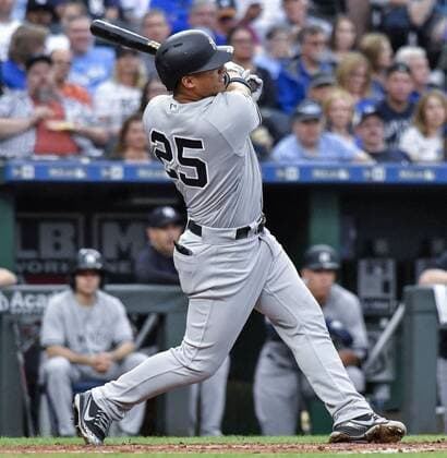 May 19, 2018 - Kansas City, MO, USA - New York Yankees Gleyber Torres follows through on a three run home run in the fourth inning during Saturday s baseball game against the Kansas City Royals on May 19, 2018, at Kauffman Stadium in Kansas City, Mo. Royals vs Yankees - ZUMAm67_ 20180519_zaf_m67_008 Copyright: xJohnxSleezerx