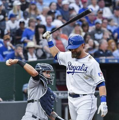 May 19, 2018 - Kansas City, MO, USA - Kansas City Royals Alex Gordon strikes out in the sixth inning as New York Yankees catcher Gary Sanchez throws the ball back during Saturday s baseball game on May 19, 2018, at Kauffman Stadium in Kansas City, Mo. Royals vs Yankees - ZUMAm67_ 20180519_zaf_m67_020 Copyright: xJohnxSleezerx