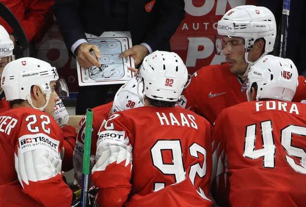 Ice hockey Eishockey - IIHF WC, CAN vs SUI COPENHAGEN,DENMARK,19.MAY.18 - ICE HOCKEY - IIHF World Championships, semifinal, Canada vs Switzerland. Image shows Nino Niederreiter, Gaetan Haas and Michael Fora (SUI). GEPAxpictures xAndreasxPranter