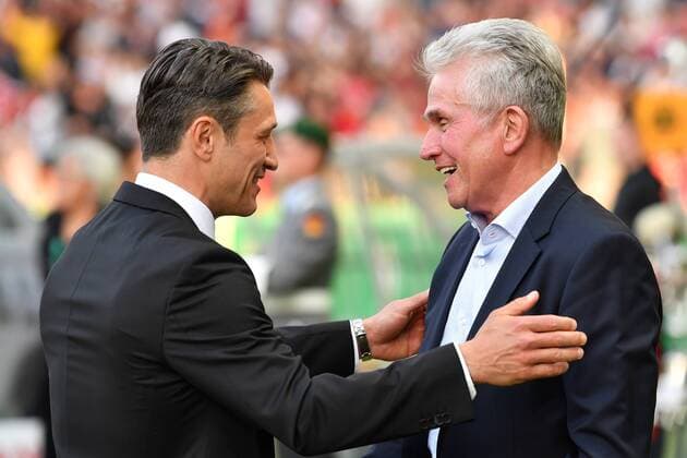 v left Niko KOVAC coach Eintracht Frankfurt welcomes Jupp HEYNCKES coach Bayern Muenchen DFB Cup final FC Bayern Munich M Eintracht Frankfurt F 1 3 at the Olympic Stadium in Berlin on 19 05 2018