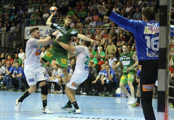 20 05 2018 xcsx Handball EHF Cup Final 4 Handball EHF Cup Final 4 Game for 3rd place SC Magdeburg Fresh on Göppingen emspor vl Jacob Bagersted Fresh On Göppingen Marko Bezjak SC Magdeburg Marco Rentschler Fresh On Göppingen Battle for the ball against Primosz Prost Frisch On Göppingen Magdeburg