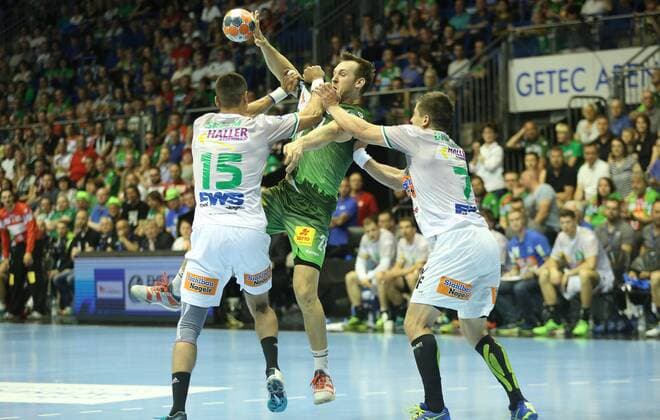 20 05 2018 xcsx Handball EHF Cup Final 4 Handball EHF Cup Final 4 Match 3 SC Magdeburg Fresh on Göppingen emspor v Zarko Sesum Fresh On Göppingen Allan Damgaard Espensen Fresh On Göppingen Battle battle for the ball with Christian O Sullivan SC Magdeburg Magdeburg