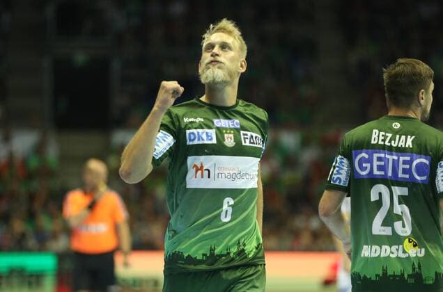 20 05 2018 xcsx Handball EHF Cup Final 4 Handball EHF Cup Final 4 Match 3 SC Magdeburg Fresh on Göppingen emspor v Matthias Mathe SC Magdeburg celebrates after scoring a goal in Magdeburg