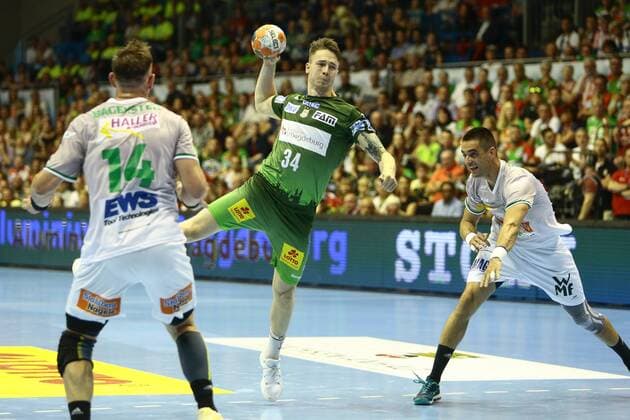 SC Magdeburg vs Frisch Auf Göppingen Michael Damgaard Magdeburg 34 throws Goal scorer scored goal scores the goal right Zarko Sesum Göppingen 15 SC Magdeburg vs Frisch Auf Göppingen Handball Ottostadt Magdeburg EHF Cup Finals 2018 Season 2017 2018 20 05 2018 Magdeburg Copyright: xEibner-Pressefotox EP_taeger